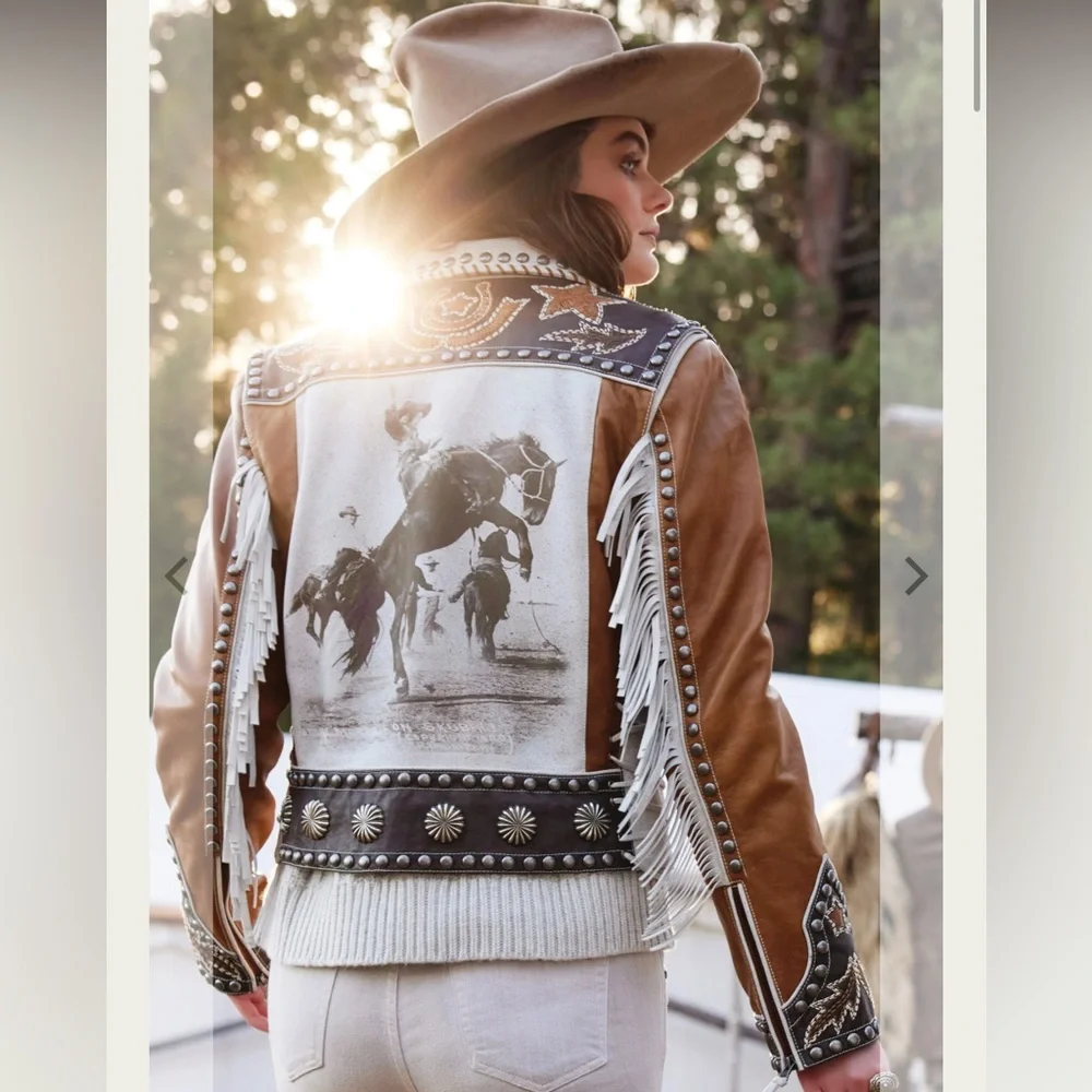 Double D Ranch Leather fringe Jacket studded bucking horse cowgirl RTL $1395 NWT - Picture 15 of 15